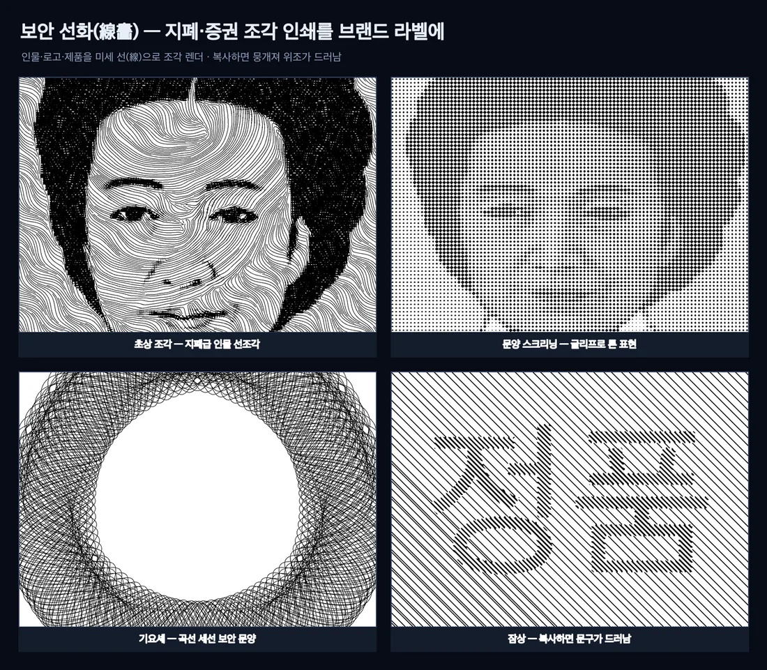 보안 선화 네 가지 — 초상 조각, 문양 스크리닝, 기요셰 곡선, 잠상